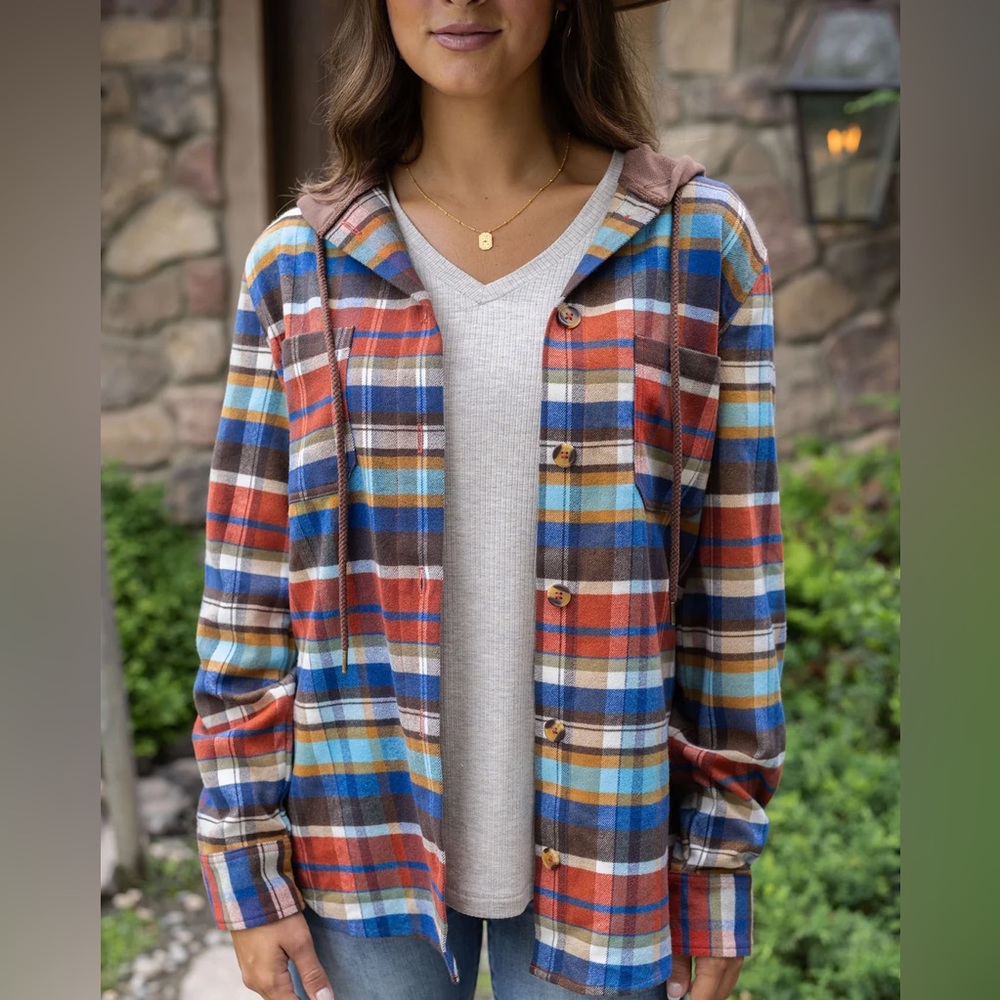 NEW w/tag size M Stretch Flex Hooded Shacket-Multicolored Plaid Hooded Shacket